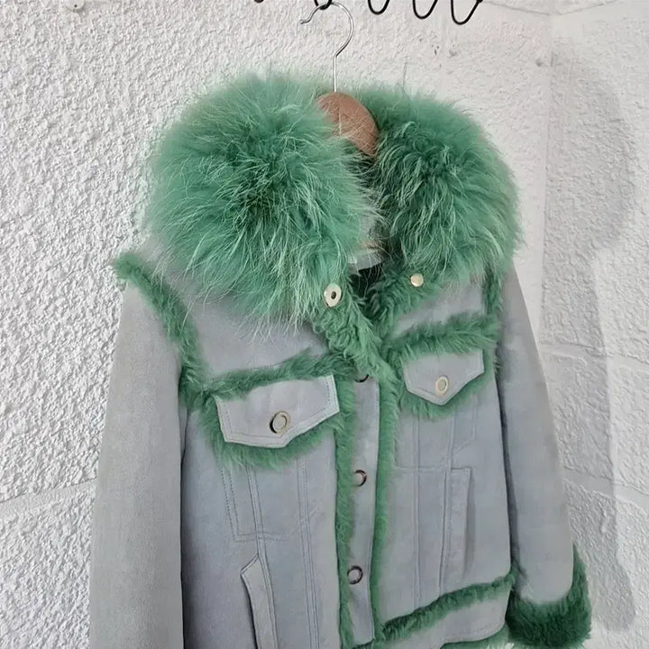 [BUNJANG] OAS2ND2 Sheepskin Leather Racoon Fur Collar Mouton Jacket / 오즈세컨 그린 양가죽 라쿤카라 무스탕