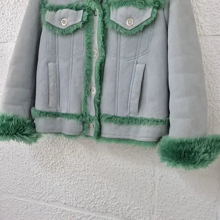 [BUNJANG] OAS2ND2 Sheepskin Leather Racoon Fur Collar Mouton Jacket / 오즈세컨 그린 양가죽 라쿤카라 무스탕