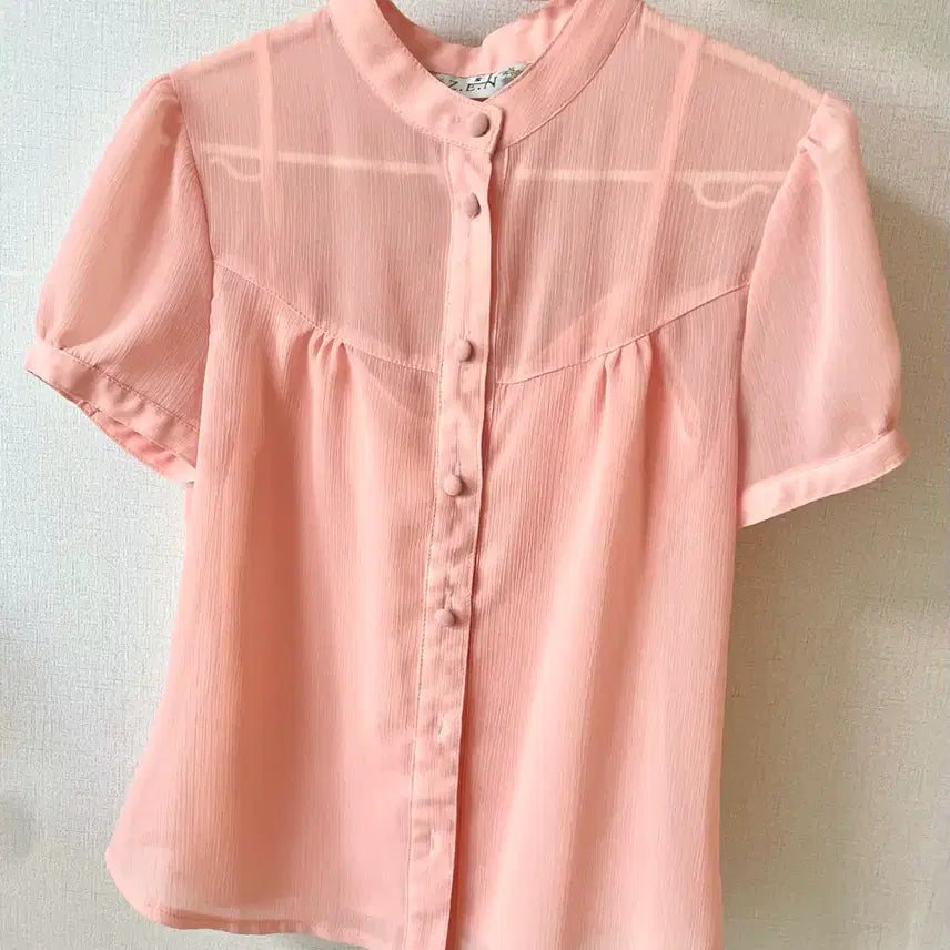 [BUNJANG] ZEN Pink See-Through Short-Sleeve Blouse / ZEN 핑크색 시스루 반팔 블라우스