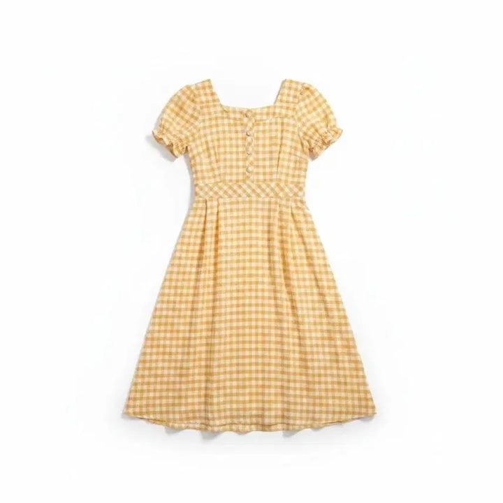 [BUNJANG] Yellow Check Puff Short Sleeve Long Dress / 옐로우 체크 퍼프 반팔 롱 원피스