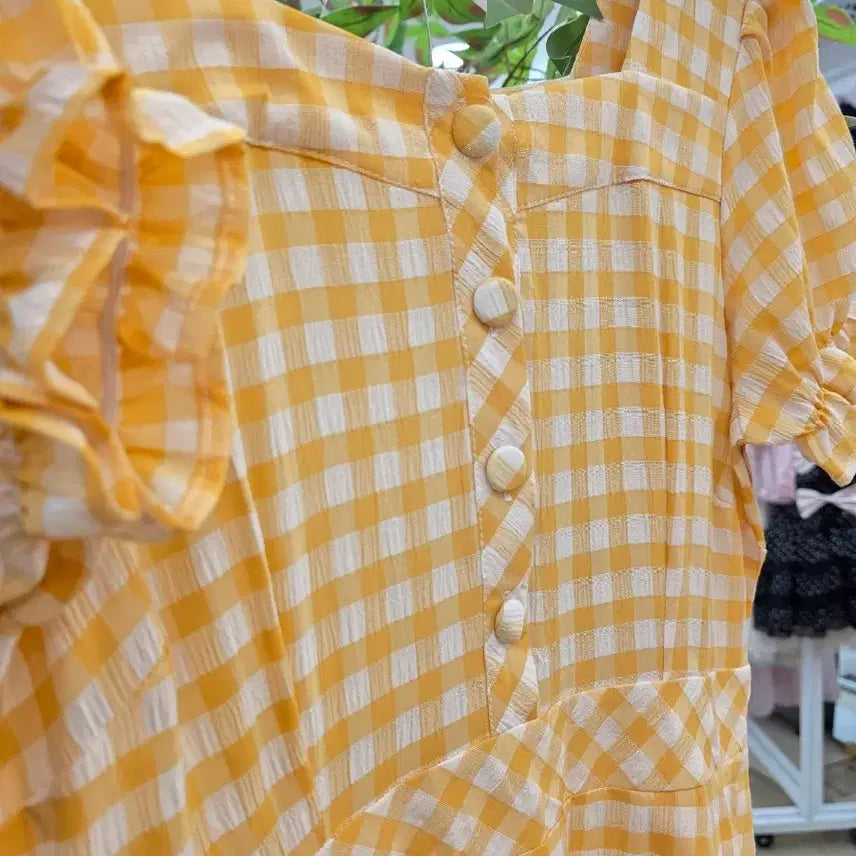 [BUNJANG] Yellow Check Puff Short Sleeve Long Dress / 옐로우 체크 퍼프 반팔 롱 원피스