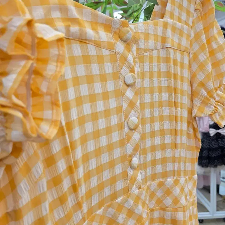 [BUNJANG] Yellow Check Puff Short Sleeve Long Dress / 옐로우 체크 퍼프 반팔 롱 원피스