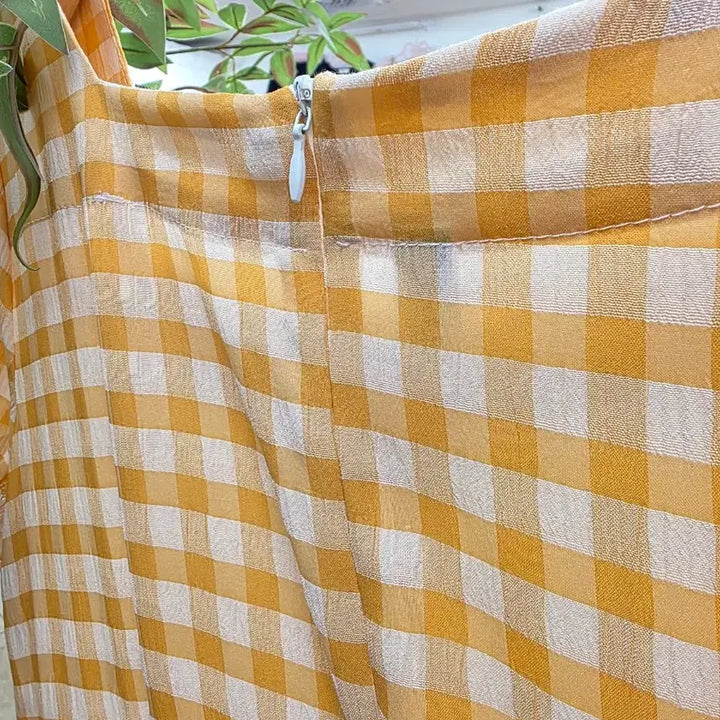 [BUNJANG] Yellow Check Puff Short Sleeve Long Dress / 옐로우 체크 퍼프 반팔 롱 원피스