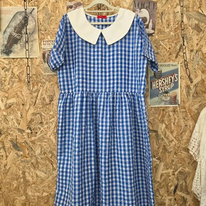 [BUNJANG] Gingham Check Collar Long Dress - Oversized / 고방 체크 카라 지짐이 빅사이즈 원피스
