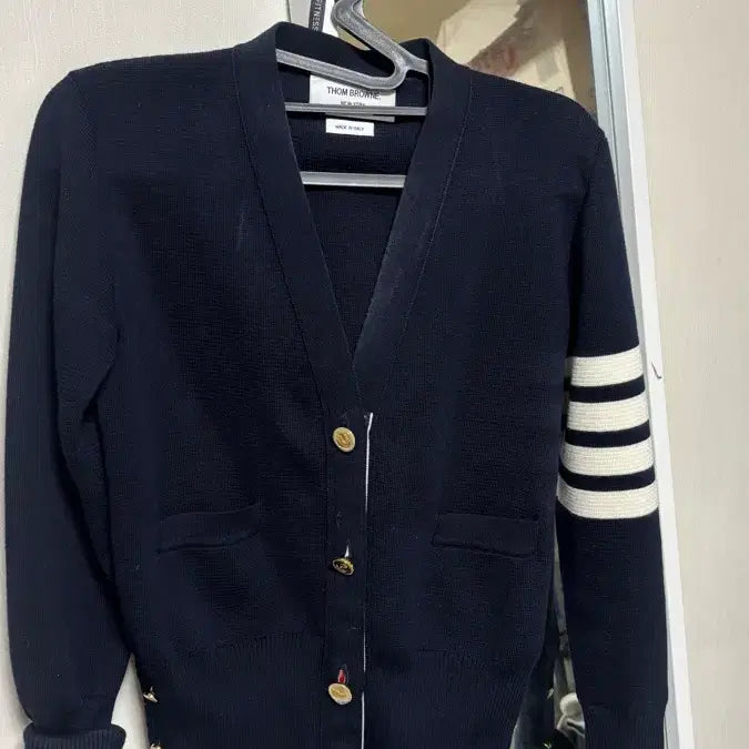 [BUNJANG] Thom Browne Navy Cardigan with Tricolor Armband / 톰브라운 네이비 가디건 삼선 완장