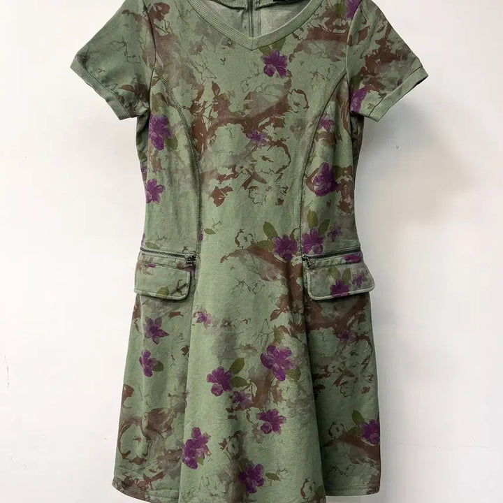 [BUNJANG] Penny Black Khaki Floral Cotton Zip Dress / 페니블랙 카키 플로럴 코튼 집 드레스