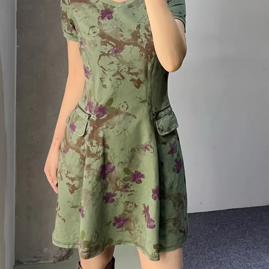 [BUNJANG] Penny Black Khaki Floral Cotton Zip Dress / 페니블랙 카키 플로럴 코튼 집 드레스