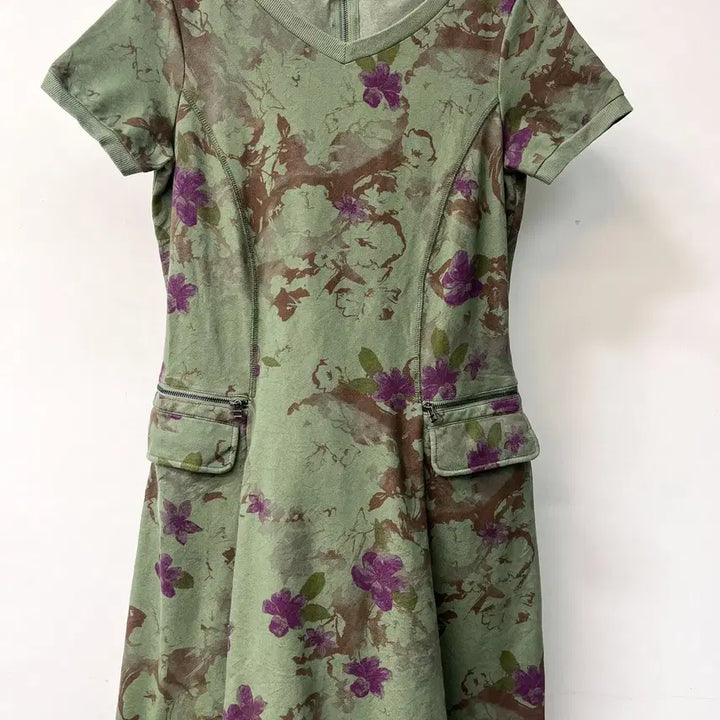 [BUNJANG] Penny Black Khaki Floral Cotton Zip Dress / 페니블랙 카키 플로럴 코튼 집 드레스