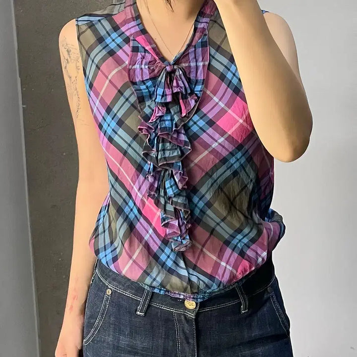 [BUNJANG] Tsumori Chisato Sheer Check Frill Top / 츠모리 치사토 시어 체크 프릴 탑