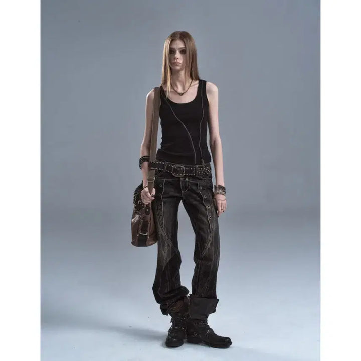 [BUNJANG] Wear and Tear Stud Lightning Pattern Washed Black Jeans / wearAndtear 팬츠 바지 픽시 스터드 라이트닝 패턴 워싱 블랙진