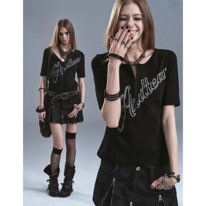 [BUNJANG] WearAndTear Half Zip Placket Slim Fit Punk T-Shirt / wearAndtear 티셔츠 반팔 지퍼 하프 오픈 플래킷 슬림핏 펑크