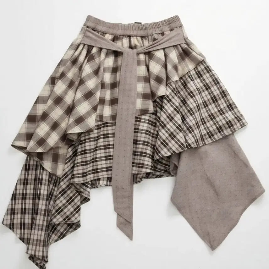 [BUNJANG] Brown Check Ruffle Asymmetric Hem Skirt / 체크 캉캉 언발 스커트