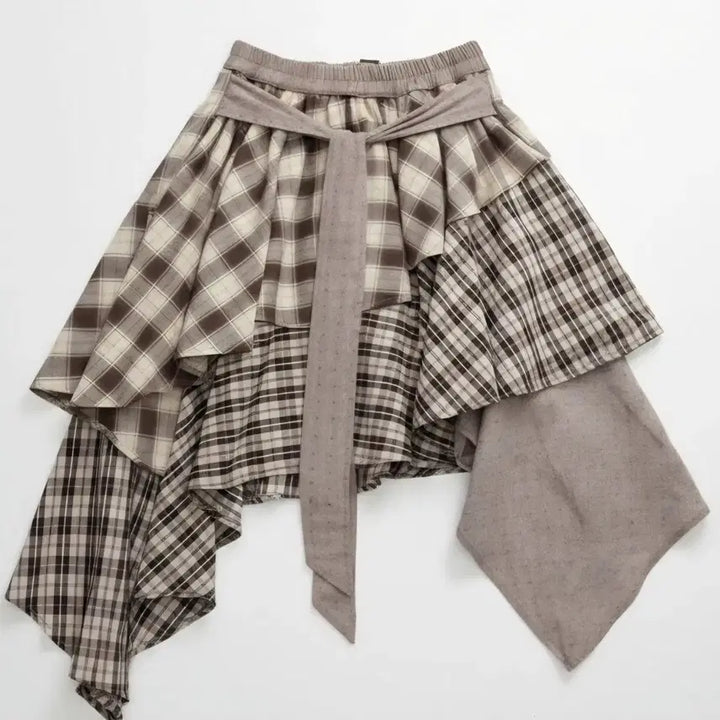 [BUNJANG] Brown Check Ruffle Asymmetric Hem Skirt / 체크 캉캉 언발 스커트
