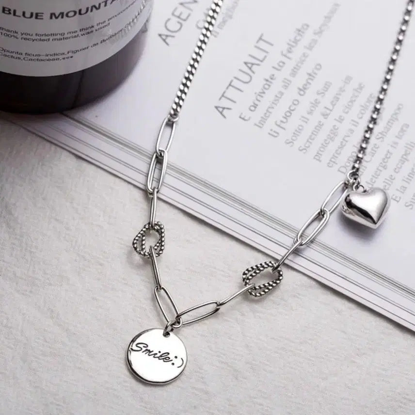 [BUNJANG] 925 Silver Mixed Chain Necklace with Heart and Lettering Charms / 925 실버 하트 레터링 혼합 체인 목걸이