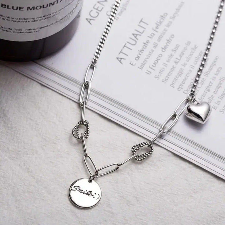 [BUNJANG] 925 Silver Mixed Chain Necklace with Heart and Lettering Charms / 925 실버 하트 레터링 혼합 체인 목걸이