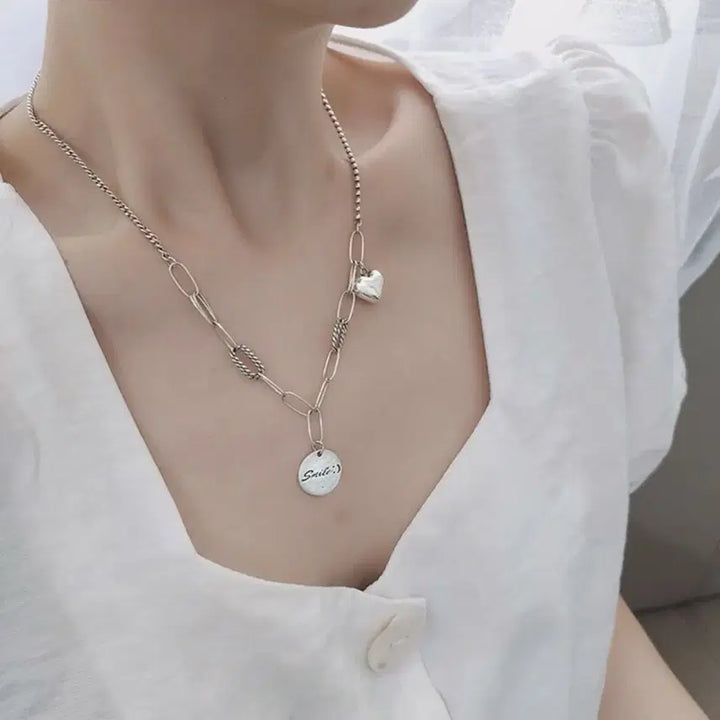 [BUNJANG] 925 Silver Mixed Chain Necklace with Heart and Lettering Charms / 925 실버 하트 레터링 혼합 체인 목걸이