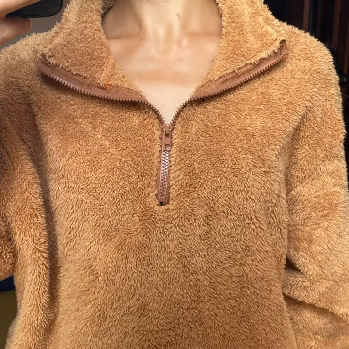 [BUNJANG] Brown Teddy Fleece Half-Zip Up / 브라운 뽀글이 플리스 하프집업