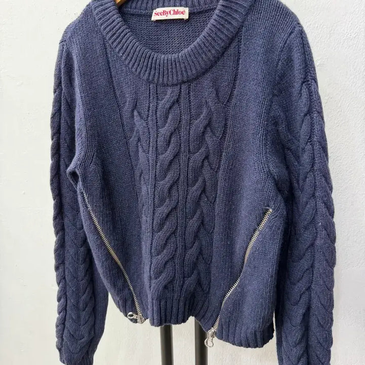 [BUNJANG] Chloé Vélo Navy Side Zip Cable Knit Sweater 38 / 정품) 씨바이끌로에 네이비 사이드지퍼 케이블 니트 38