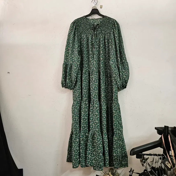 [BUNJANG] Flower Pattern Long Dress Green / 플라워 패턴 롱 원피스 그린