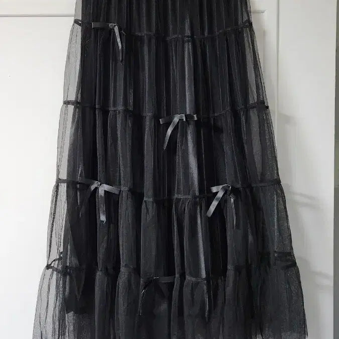 [BUNJANG] Black Ribbon Tiered Long Sheer Skirt New / 블랙 리본 캉캉 롱 샤스커트 새상품