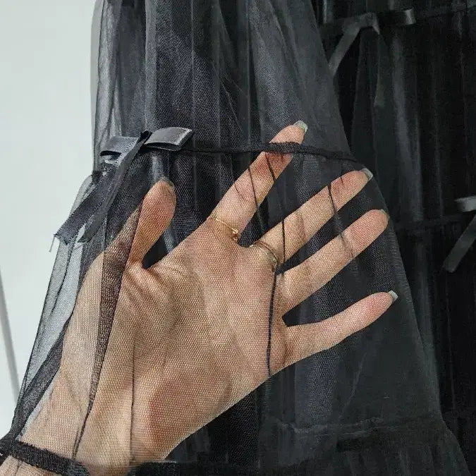 [BUNJANG] Black Ribbon Tiered Long Sheer Skirt New / 블랙 리본 캉캉 롱 샤스커트 새상품