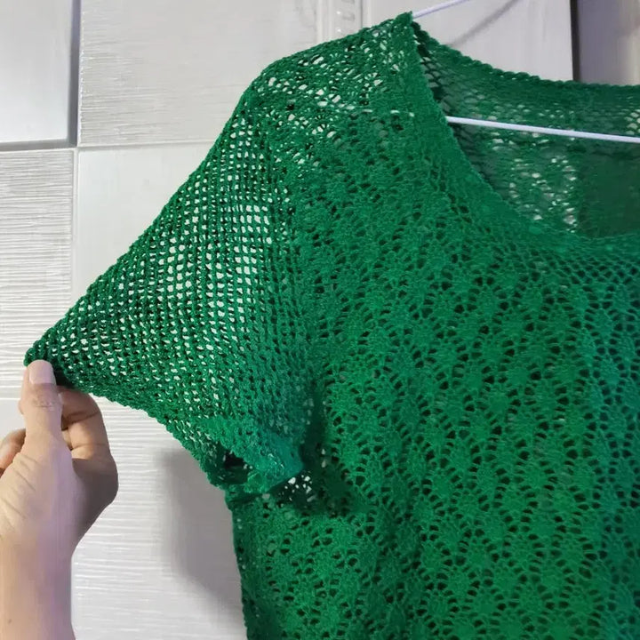 [BUNJANG] Hand-knitted Short-Sleeve T-Shirt Green / 손뜨개 반팔 티셔츠 그린
