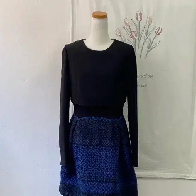 [BUNJANG] JJ JIGOTT Black Top + Pattern Flare Skirt One-Piece Dress / JJ지고트 블랙 상의 + 패턴 플레어 스커트 원피스