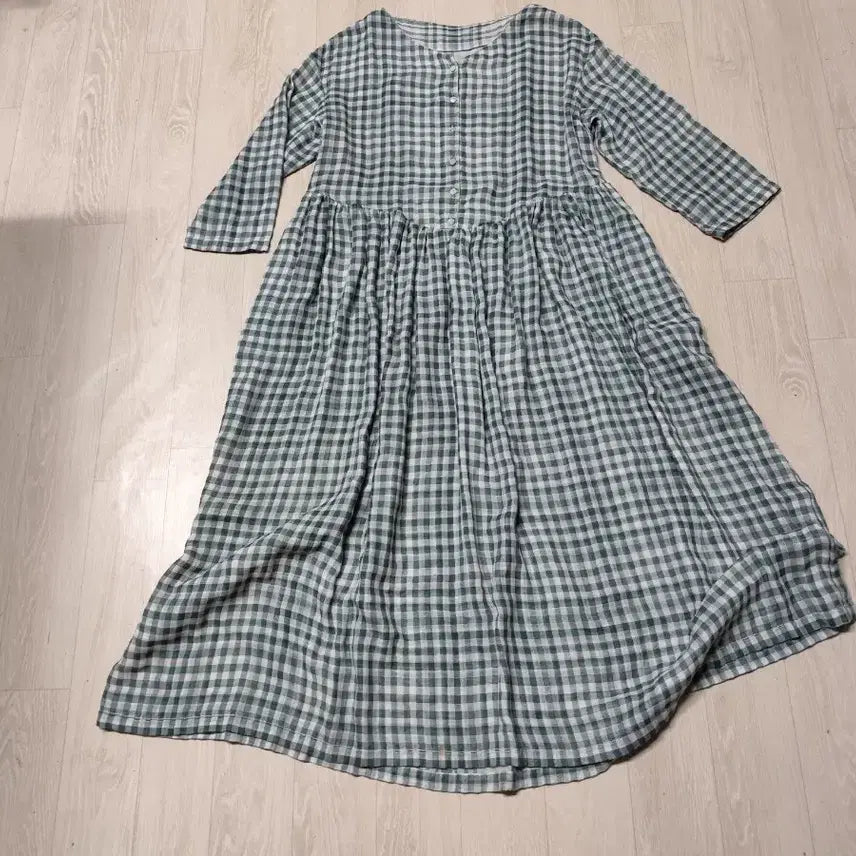 [BUNJANG] Handmade Green Gingham Gauze Cotton Long Dress / 그린 깅엄 체크 거즈면 롱 원피스
