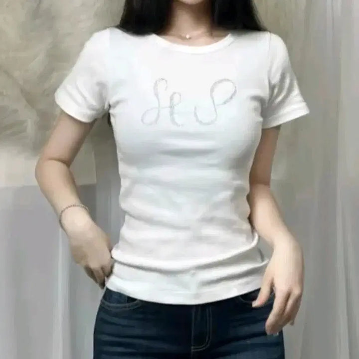 [BUNJANG] A-bly Cubic Y2K Slim Fit Short Sleeve T-Shirt / 에이블리 자체제작  유넥 슬림핏보장 큐빅 Y2K 반팔
