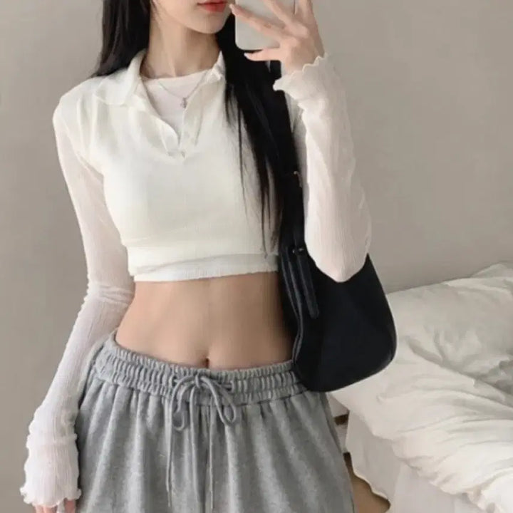 [BUNJANG] White Collar Neck Crop Knit / 화이트 카라 넥 크롭 니트 단독 교신가능