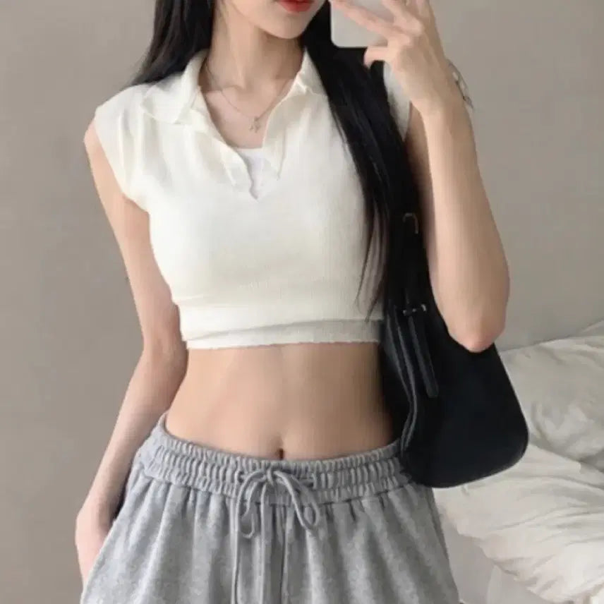 [BUNJANG] White Collar Neck Crop Knit / 화이트 카라 넥 크롭 니트 단독 교신가능