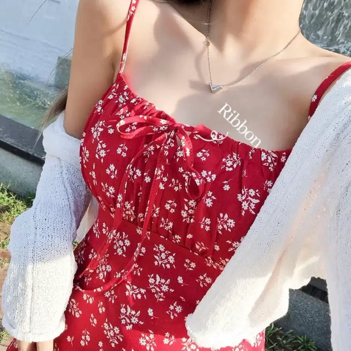 [BUNJANG] Red Mini Dress Size 55 Floral Pattern / 새상품) 55사이즈 레드 미니 원피스