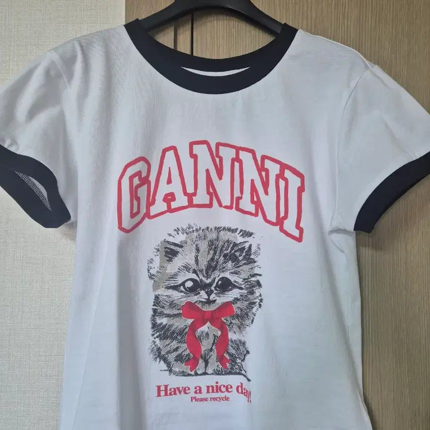 [BUNJANG] GANNI Cat Printing Ringer T-Shirt / GANNI 가니 고양이 프린팅 링거 티셔츠 새상품