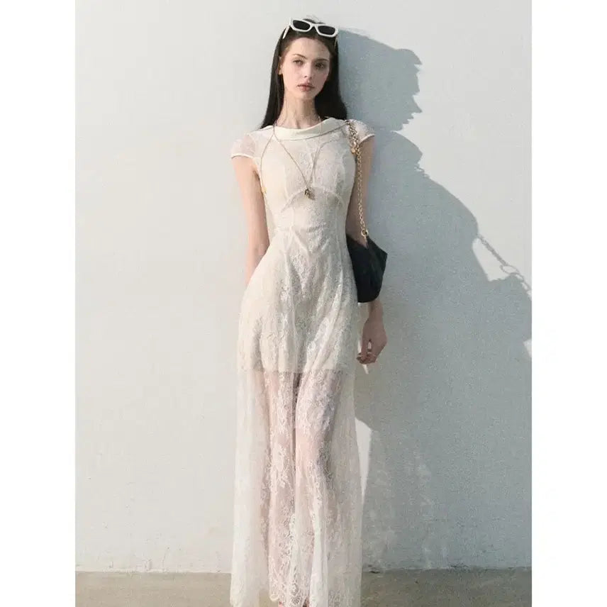 [BUNJANG] OAKMOO Jacquard Flower Lace White Long Dress / OAKMOO 오크무 자카드 플라워 레이스 화이트 롱원피스