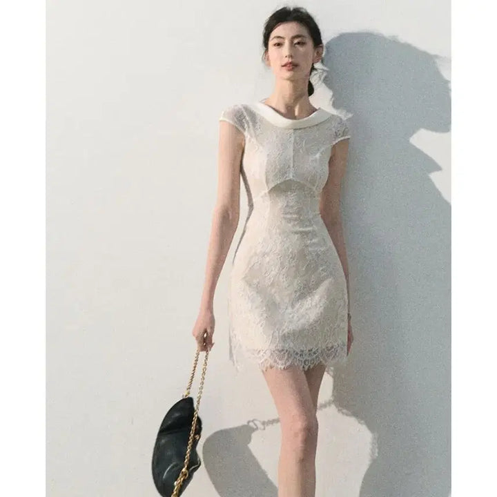 [BUNJANG] OAKMOO Jacquard Flower Lace White Mini Dress / OAKMOO 오크무 자카드 플라워 레이스 화이트 미니 드레스