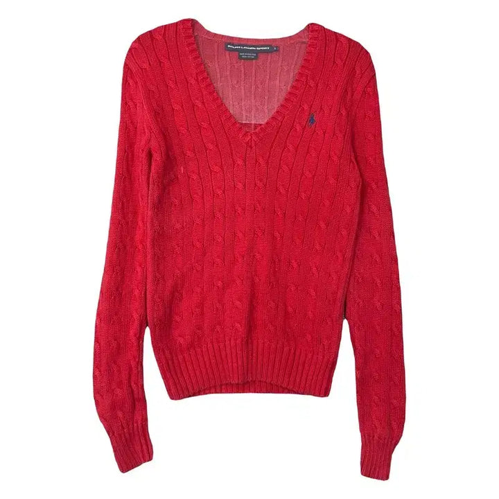 [BUNJANG] Polo Vintage Red Cable Knit V-Neck Sweater S / 폴로 빈티지 레드 꽈배기 브이넥 니트 S