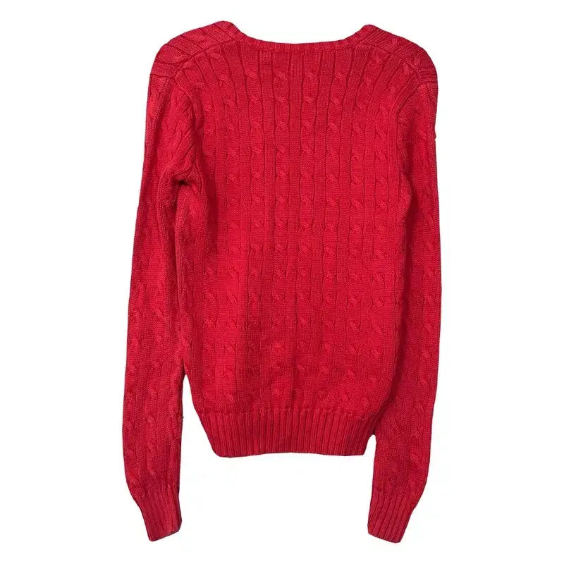 [BUNJANG] Polo Vintage Red Cable Knit V-Neck Sweater S / 폴로 빈티지 레드 꽈배기 브이넥 니트 S