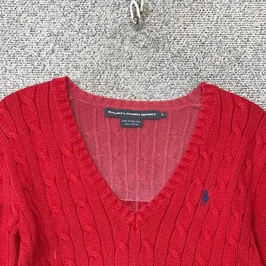[BUNJANG] Polo Vintage Red Cable Knit V-Neck Sweater S / 폴로 빈티지 레드 꽈배기 브이넥 니트 S