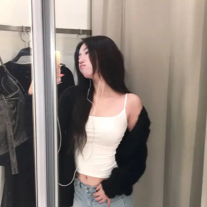 [BUNJANG] Black Faux Fur Cardigan / 에이블리 블랙 퍼 가디건