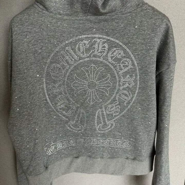 [BUNJANG] Chrome Hearts Style Fleece Hoodie with Stone Embellishments - Grey / 크롬하츠 스타일 기모 후드티 그레이 스톤 장식