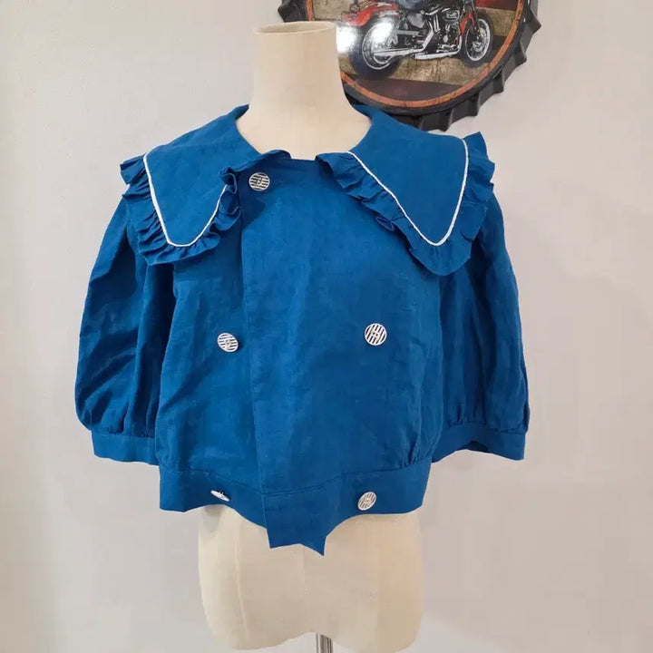 [BUNJANG] JS New York Blue Linen Frill Collar Blouse / Js.newyorks 재시뉴욕 블루 린넨 프릴 카라 블라우스