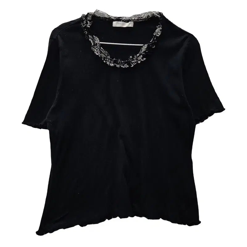 [BUNJANG] Vintage Frill Mesh Neck Black Short Sleeve T-shirt (M) / 빈티지 프릴메쉬넥 블랙 반팔 티 M MADE IN JAPAN