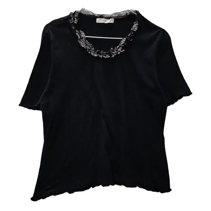 [BUNJANG] Vintage Frill Mesh Neck Black Short Sleeve T-shirt (M) / 빈티지 프릴메쉬넥 블랙 반팔 티 M MADE IN JAPAN