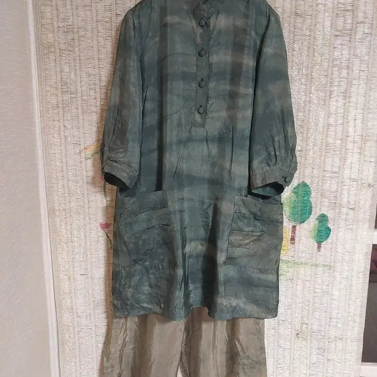 [BUNJANG] Natural Dye In-kyun Top and Bottom Set - Green / 인견 천연염색 그린 상하의 세트