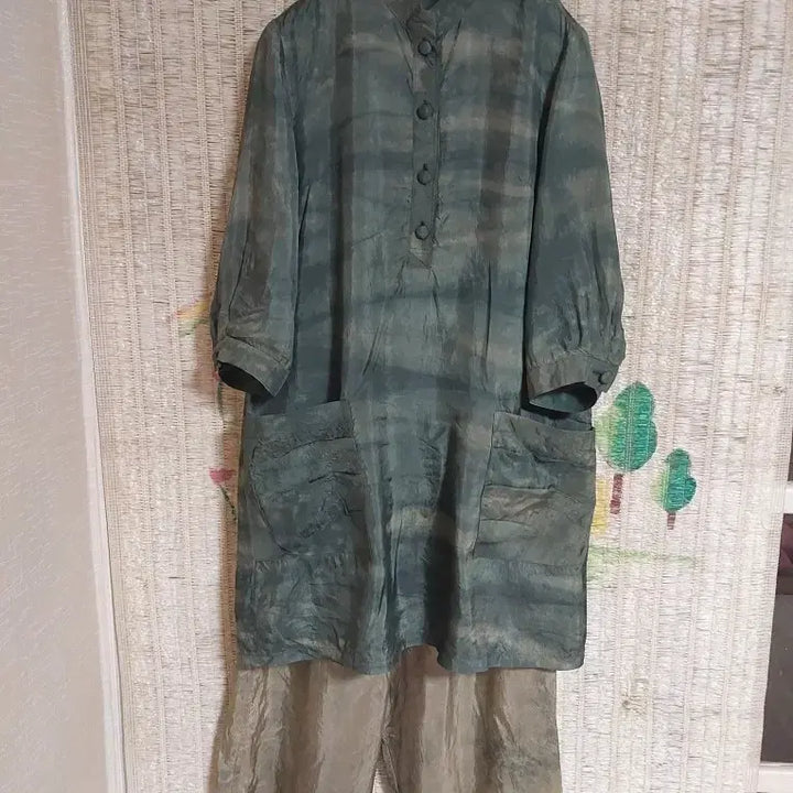 [BUNJANG] Natural Dye In-kyun Top and Bottom Set - Green / 인견 천연염색 그린 상하의 세트