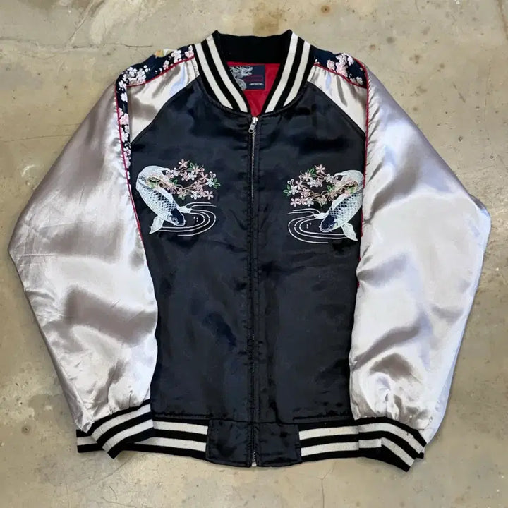 [BUNJANG] Vintage Cherry Blossom Koi Embroidery Sukajan Jacket / M 빈티지 벚꽃 잉어 자수 스카쟌