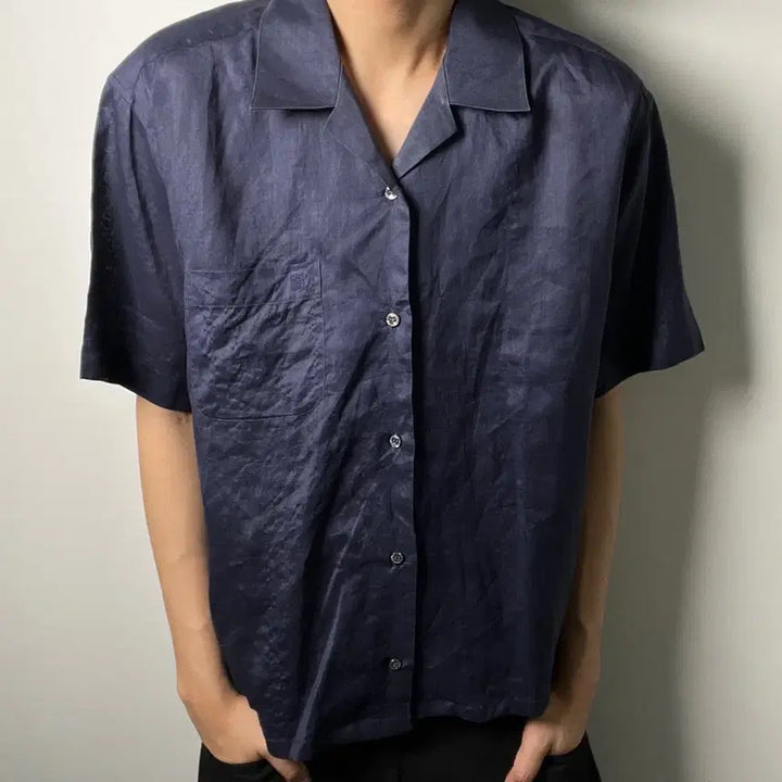 [BUNJANG] Givenchy Monsieur Navy Linen Short Sleeve Open Collar Shirt Size 105 / 지방시 무슈 네이비 린넨 오픈 칼라 반팔 셔츠 105