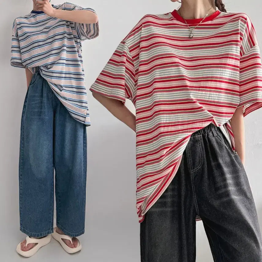 [BUNJANG] Striped Loose Fit T-Shirt / 새상품 빅사이즈 가능 55-88 반팔 스트라이프 루즈핏 티셔츠