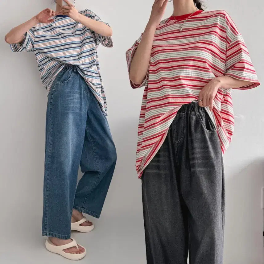 [BUNJANG] Striped Loose Fit T-Shirt / 새상품 빅사이즈 가능 55-88 반팔 스트라이프 루즈핏 티셔츠