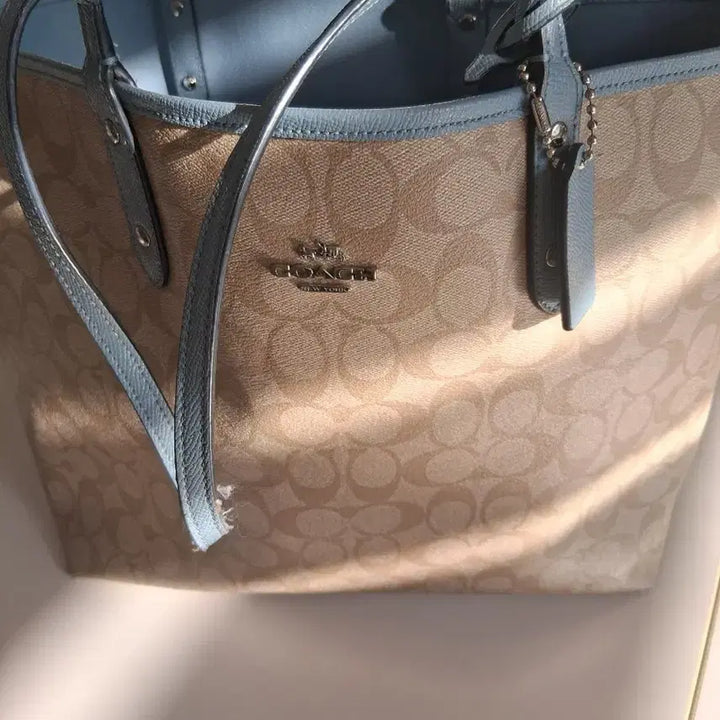 [BUNJANG] Coach Signature Canvas Tote Bag Beige/Blue / 코치 시그니처 캔버스 토트백 베이지/블루